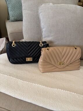 Quilted Chevron Chain Shoulder Bag - Black & Beige - set of two